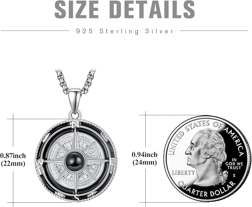 KINGWHYTE Compass Necklace for Men 925 Sterling Silver Birthday Gifts Graduation Travel Jewelry for Husband Brother with Stainless Steel Chain