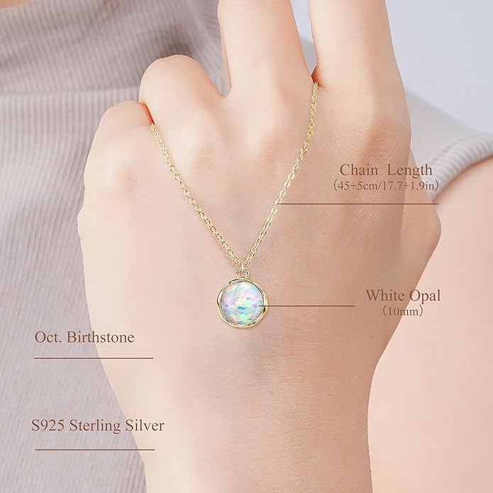 YUNKAI Opal Necklaces for Women Sterling Silver, Pear/Round/Oval Created-Opal Pendants, Dainty Vintage Necklace Fine Jewelry Gift for Birthdays Anniversaries, October Birthstone Pendant