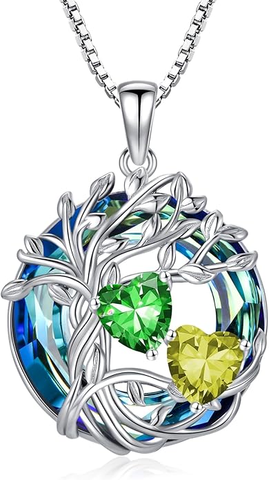 TOUPOP s925 Sterling Silver Family Celtic Tree of Life Pendant Necklaces with 2 Heart Birthstone with Blue Austrian Crystal Jewelry Birthday Anniversary Christmas Gifts for Her Wife Girlfriend Mom (18K Real White Gold Filled)
