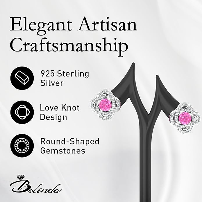 Women 925 Sterling Silver Cute Love Knot Sparkling Gemstone Push Back Stud Earrings Hanging Pendant Necklace Beautiful Fine Jewelry Accessory Set, 1.65 Carat