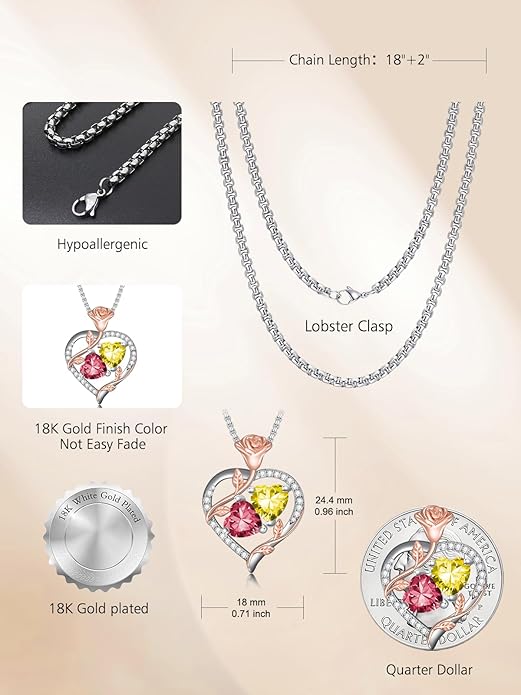 Christmas Gifts for Women Rose Heart Birthstone Pendant Necklace I Love You Forever Jewelry Valentine Mothers Day Birthday Gifts for Women Her Wife Girlfriend