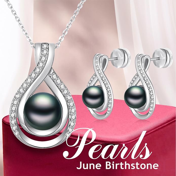 Infinity White Black Pearl Necklace and Earrings Set for Women Gifts for Mom Birthday Mothers Day AAA+ Handpicked Pearl 14K Gold/White Gold Plated Adjustable Jewelry