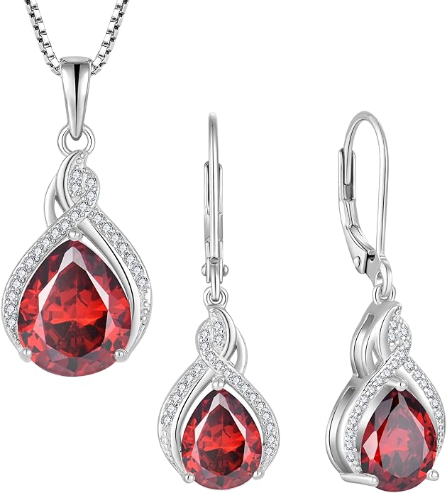Infinity Teardrop Jewelry Set for Women Garnet Necklace & Earrings January Birthstone Jewelry