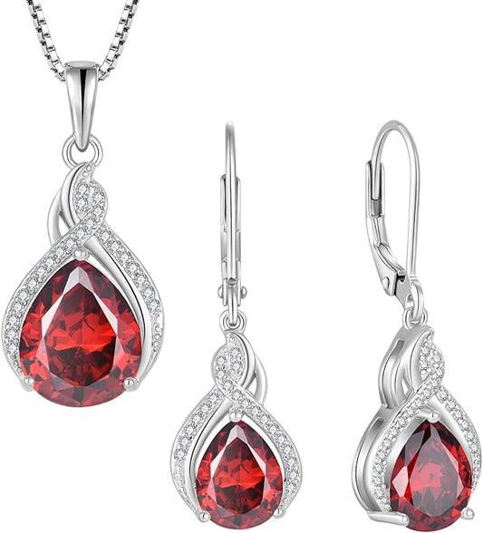 Infinity Teardrop Jewelry Set for Women Garnet Necklace & Earrings January Birthstone Jewelry