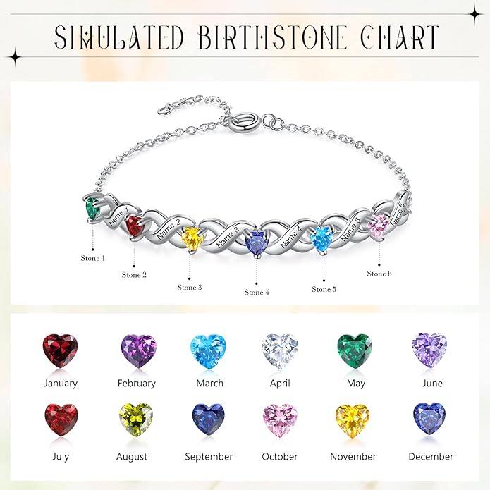 Personalized Custom Name Heart Bracelet with 1-6 Birthstone Bracelets for Women Engraved Family Names Link Bracelets for Mother's Day Mom Daughter