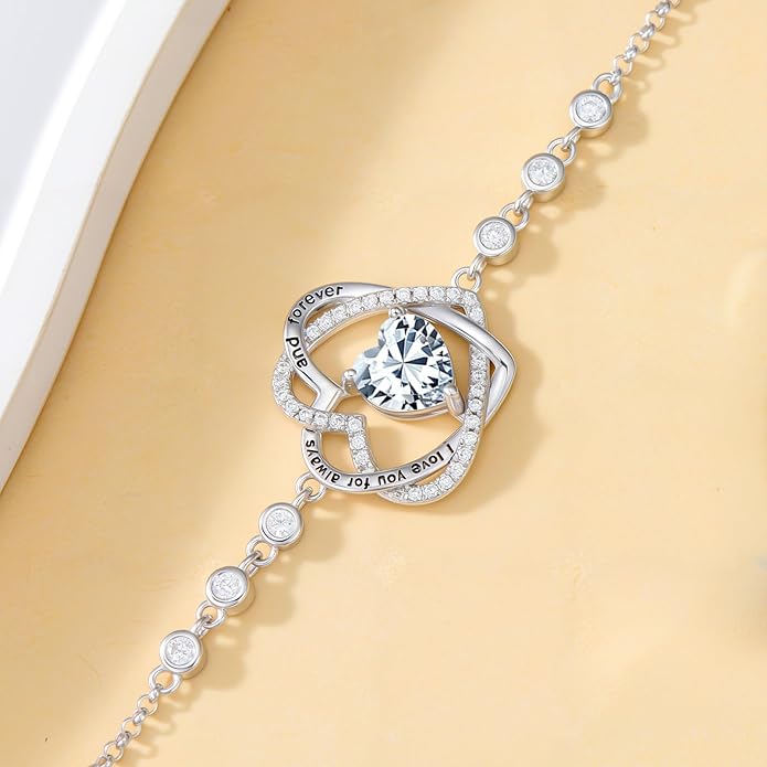 TOUPOP Heart Birthstone Bracelet 925 Sterling Silver Double Heart Bracelet Love You for Always and Forever Jewelry Anniversary Birthday Christmas Gifts for Women Wife Her