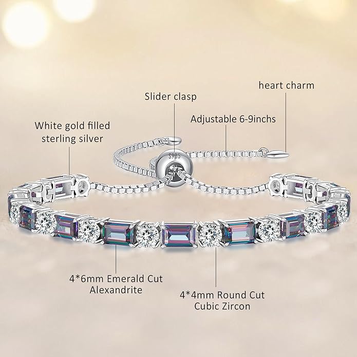 Birthstone Tennis Bracelets for Women White Gold Sterling Silver Gemstone Bracelets Adjustable Chain 6-9 Inchs Jewelry Anniversary Birthday Gifts for Women Mom Wife Her