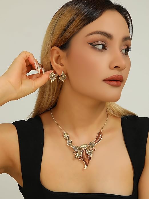 Chunky Statement Jewelry Set Vintage Retro Leaf Flower Floral Geometric Bohemian Boho Bib Necklace Earring Set Fashion Costume Jewelry for Women Girls Wedding Party Prom Unique Gift