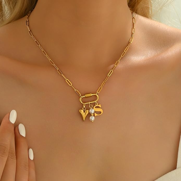 Gold Heart Initial Necklaces for Women 18K Gold Plated Dainty Pearl Letter Necklace Personalized Monogram Name A-Z Pendant Everyday Jewelry for Women