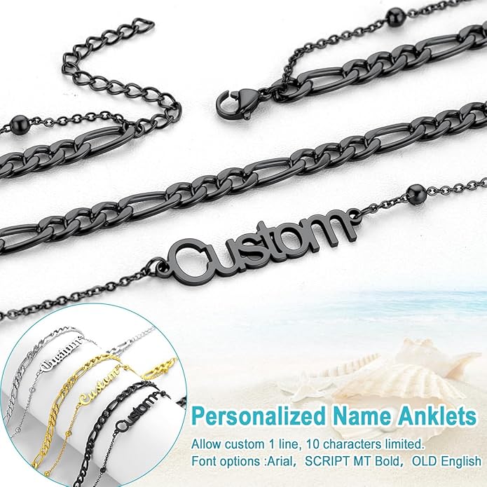 U7 Custom Layered Ankle Bracelets for Women Stainless Steel Bead/Cuban/Figaro/Rope/Wheat Chain Anklet Waterproof Anklet Jewelry for Beach Vacation