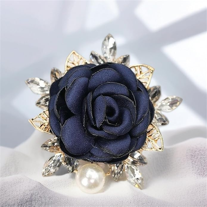 Rose Brooch for Women,Dainty Satin Fabric Flower Lapel Pins Vintage Elegant Pearl Brooches Handmade Crystal Pearl Pins Silk Camellia Safety Collar Pin Dress Suit Accessories Wedding Bridal Bouquet Jewelry