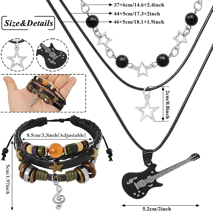Multilayer Y2k Star Necklace Fairy Grunge Bracelets Set Handmade Fairycore Grunge Jewelry Gothic Swirl Star Necklace Punk Rock Roll Music Guitar Grunge Accessories for Women Men
