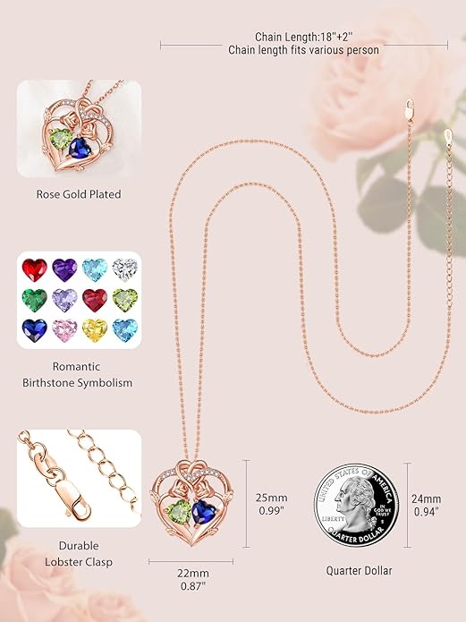 Rose Gold Necklaces for Women Double Birthstone Rose Flower Heart Pendant Necklace Jewelry Anniversary Christmas Valentine's Mother's Day Birthday Gift for Wife Mom Her Girlfriend Sister