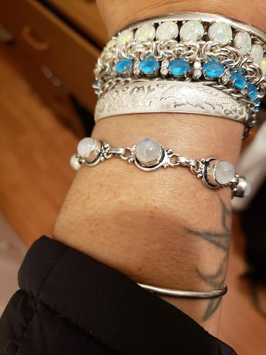 Round Shape Natural & Synthetic Gemstones Silver Plated Bracelets for Women - Vintage Bohemian Style Handmade Birthstone Adjustable Link Bracelet Jewelry Gifts for Wedding Anniversary Mother's Day