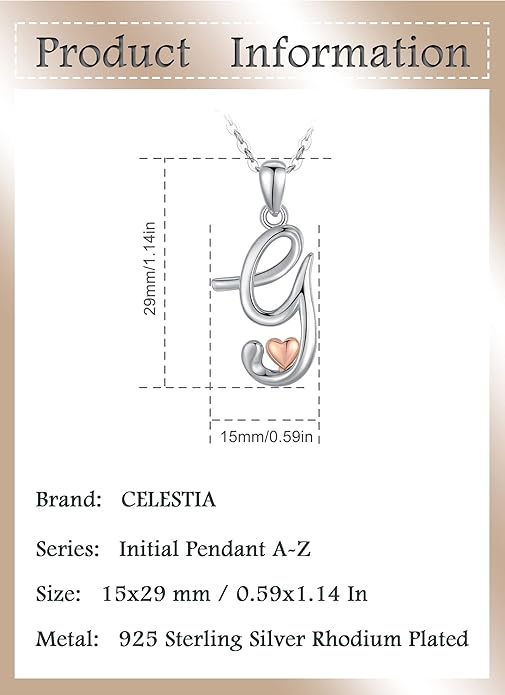 CELESTIA 925 Sterling Silver Initial Necklaces 26 Letter with Rose Gold Heart - 18 Inch Chain