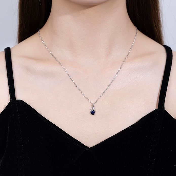 FANCIME 14K Solid White Gold Oval Gemstone Necklace with Diamond Pendant Gifts for Mom Women,16"+2" Inches