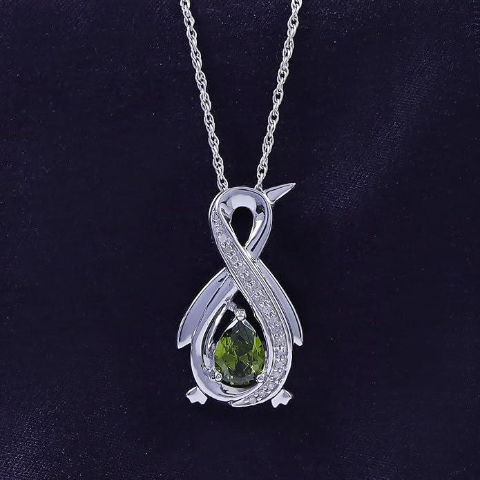 Infinity Penguin Pendant Necklace for Women, 14K Gold Over Sterling Silver with Pear & Round Cut Simulated Birthstone & White Diamond Accents, Dainty Animal Jewelry Gift with 18" Chain