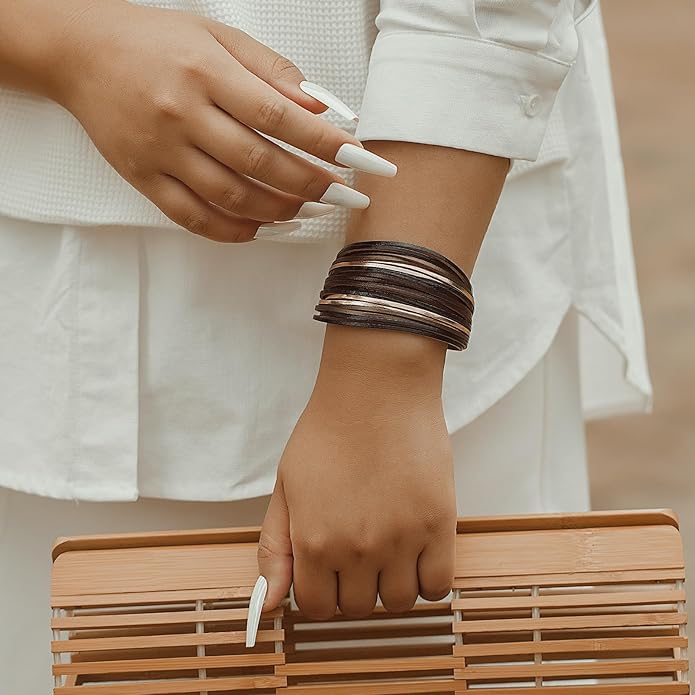 FANCY SHINY Boho Leather Wrap Bracelet Stackable Layered Bangle Cuff with Magnetic Clasp
