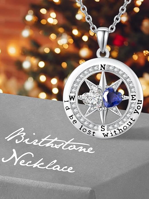 Compass Birthstones Necklace for Women, Exquisite Anniversary Birthday Gifts for Wife Her Double Birthstone Pendant jewelry ‘I'd be Lost Without You’