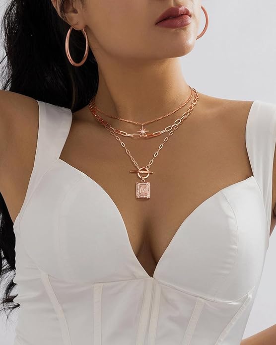 MJartoria Layered Initial Necklaces for Women Trendy, 14K Gold Plated Brass Simple Star Choker Square Letter Pendant Necklace, Paperclip Chain Necklaces Jewelry Gifts