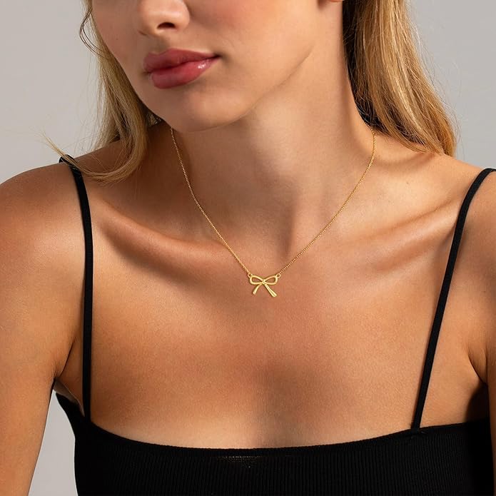 Gold Necklace for Women Dainty Bow Necklace 14K Gold Plated Cute Choker Necklace Small Bow Pendant Charm Necklaces Teen Gift Trendy Stuff Personalized Jewelry Gifts