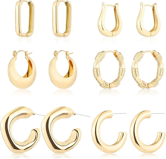 6 Pairs 14K Gold Plated Hoop Earrings for Women Lightweight Chunky Hoop Earrings Multipack Hypoallergenic, Thick Open Twisted Huggie Hoops Earring Set Jewelry for Gifts.