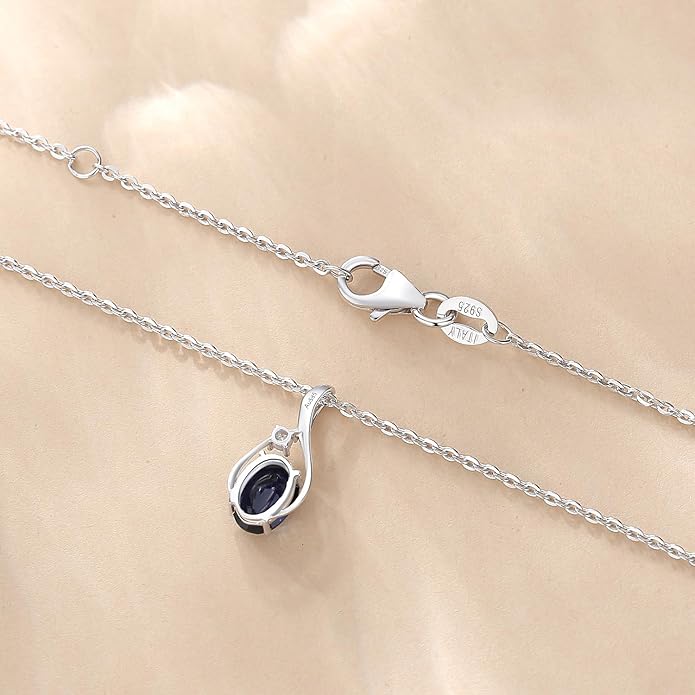 FANCIME 14K Solid White Gold Oval Gemstone Necklace with Diamond Pendant Gifts for Mom Women,16"+2" Inches