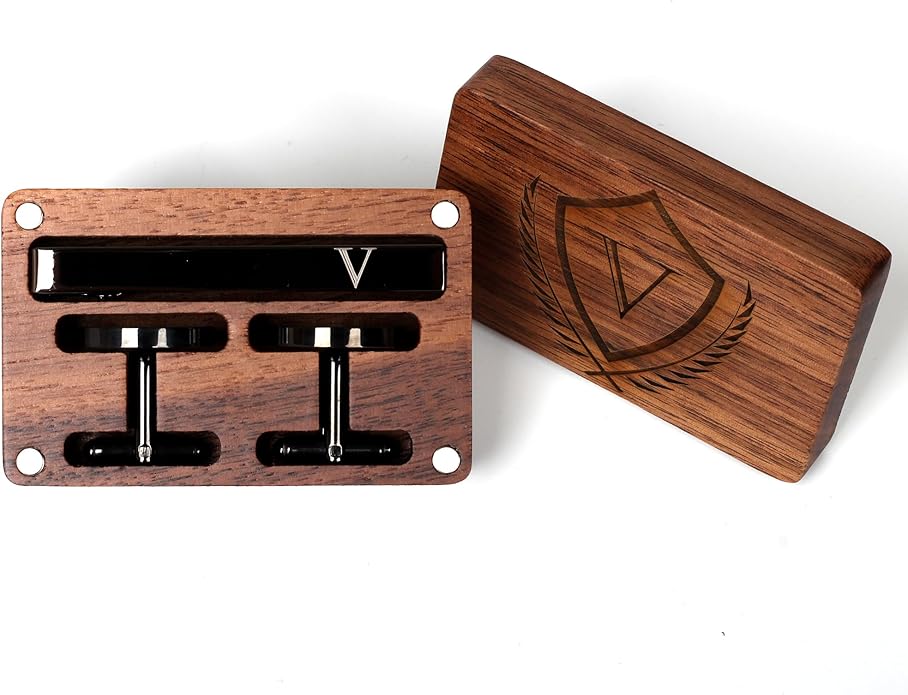 Mens Initial Cufflinks and Tie Clip A-Z Alphabet Letter Black Stainless Cuff Links Tie Bar with Engraved Walnut Wood Box Groom Groomsman Wedding Set