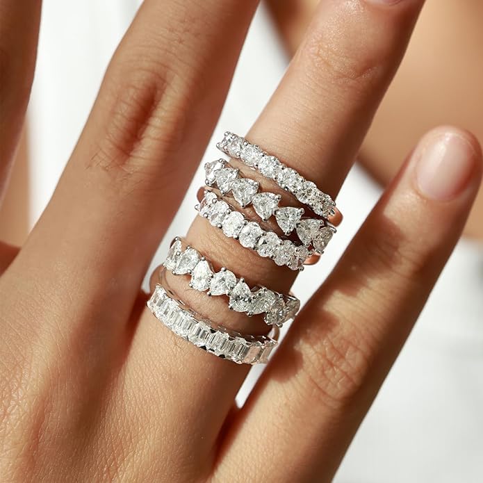 AGVANA 1.1 Ct. Tw. Pear-Cut Lab Grown Diamond Ladies Eternity Wedding Bands in Sterling Silver Engagement Promise Wedding Anniversary Stackable Band Ring for Women (D-E Color, VS Clarity), Size 5-9