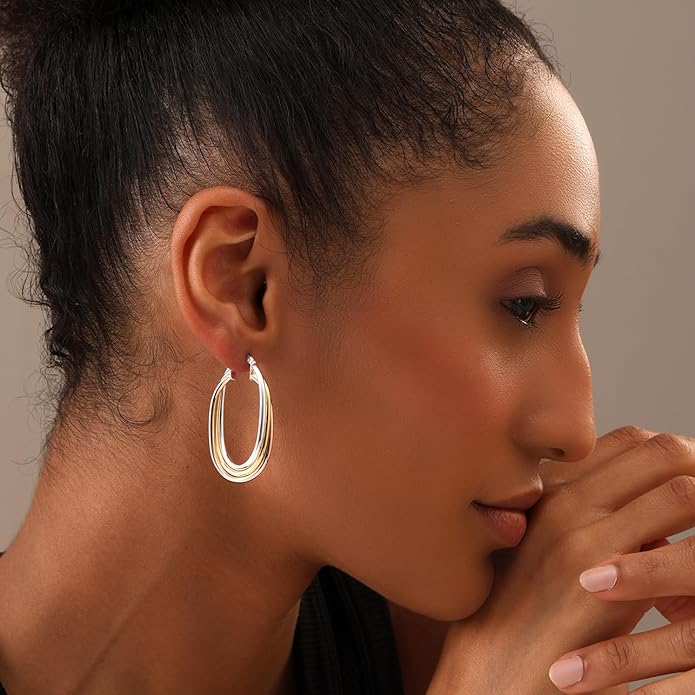 LeCalla 925 Sterling Silver Chunky Hoop Earrings | 14K Two-Tone Three-Tone Hoop Earrings | Intertwining Oval Shape Polished Twisted Hoop Earrings for Women