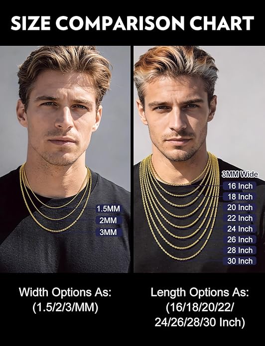 Bandmax Solid 1.5mm/2mm/3mm/6mm Rope Chains for Men Women 14K Gold Plated/Black Plated Stainless Steel Twist Chain 16-30 Inches, with Gift Box