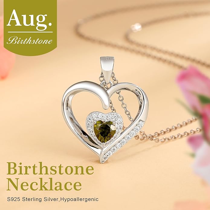 GLIVEOR Heart Birthstone Necklace for Women,S925 Sterling Silver Necklace Birthstone Necklace Heart Necklace for Women Birthday Jewelry Gifts for Women
