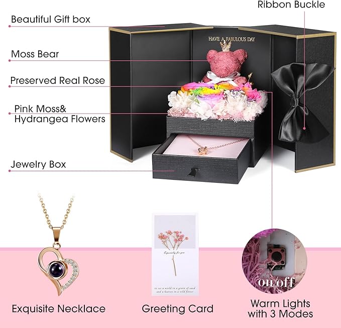 ADDWel Rose Gifts for Women - Preserved Real Roses Forever Rainbow Flowers with I Love You in 100 Languages Necklace and Cute Moss Bear for Girlfriend Wife Mom Grandma on Birthdays, Anniversaries