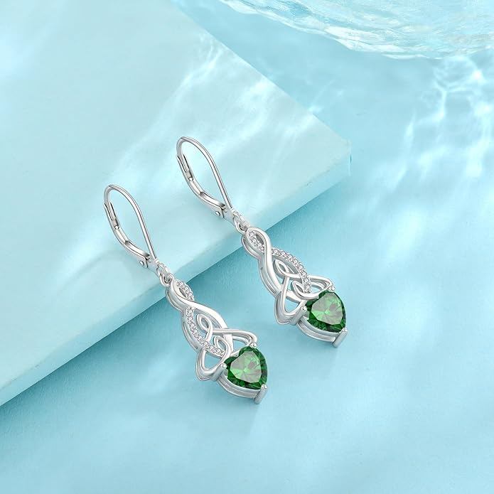 Infinity Celtic Knot Jewelry Set for Women 925 Sterling Silver Emerald Earrings and Necklace Set May Birthstone Jewelry Gifts for Her