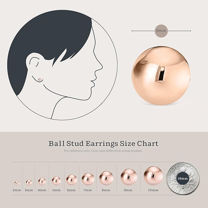KEZEF Sterling Silver Ball Stud Earrings Hypoallergenic Earrings for Women | Available in Sterling Silver, Rose Gold, or 14K Gold Plated Silver (2mm-10mm)