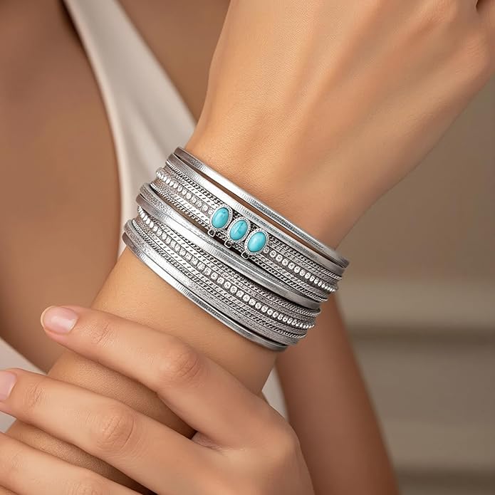 Edoneery Leather Wrap Bracelet for Women, Boho Handmade Multi-Layer Cuff with Crystal Beads Heart, Stackable Bangle Western Jewelry Gift