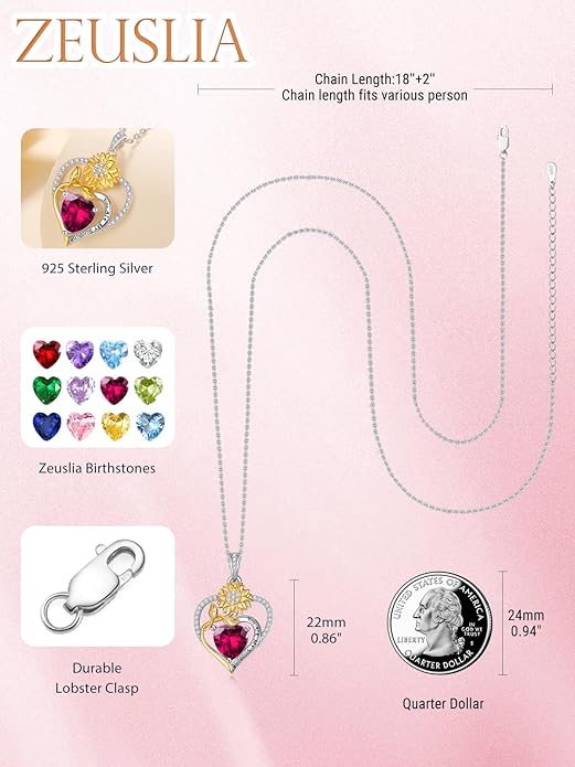 Zeuslia Double Birthstone Necklace Gifts for Wife - 925 Sterling Silver Sunflower/Rose/Crown Cross/Compass/Heart Pendant I Love You Necklace, Anniversary Birthday Gifts for Wife Girlfriend Mom Her