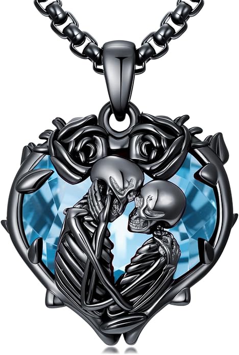 Flpruy 925 Sterling Silver Black Gothic Jewelry Gifts Skeleton Couple Pendant Crystal Birthstone Heart Necklace Punk Romantic Jewelry for Lover Men Women