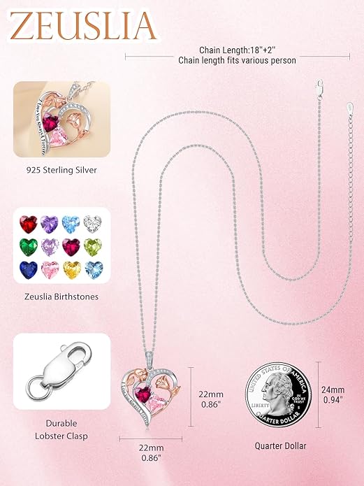Zeuslia Double Birthstone Necklace Gifts for Wife - 925 Sterling Silver Sunflower/Rose/Crown Cross/Compass/Heart Pendant I Love You Necklace, Anniversary Birthday Gifts for Wife Girlfriend Mom Her