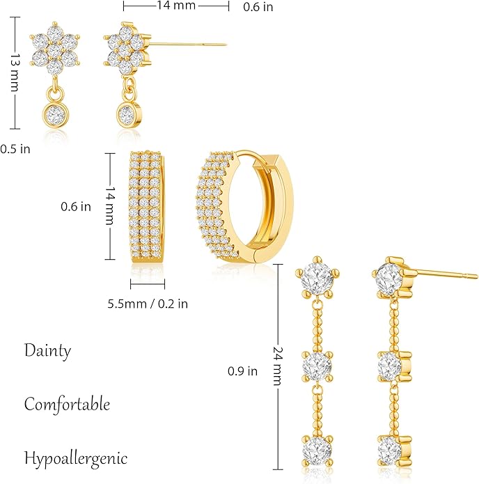 3 Pairs Earrings Set for Multiple Piercings, Gold Plated Studs Hoop Earrings Stack, CZ Dangle Earrings Set, Hypoallergenic for Sensitive Ears, Women's Gift