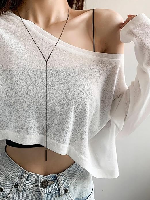 FOCALOOK Long Necklaces for Women 14K Gold Plated Dainty Drop Bar Pendant Lariat Y-Shaped Necklace Earring Set 28inch/73cm