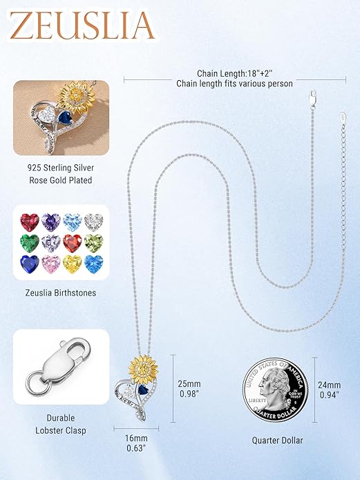 Zeuslia Double Birthstone Necklace Gifts for Wife - 925 Sterling Silver Sunflower/Rose/Crown Cross/Compass/Heart Pendant I Love You Necklace, Anniversary Birthday Gifts for Wife Girlfriend Mom Her