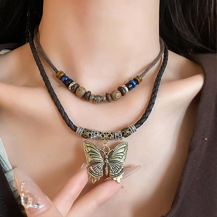 HETICA Boho Necklace for Women, Vintage Butterfly Necklace Adjustable Wooden Beads Layered Braided Necklace Fashion Tribal Style Leather Rope Necklace Jewelry