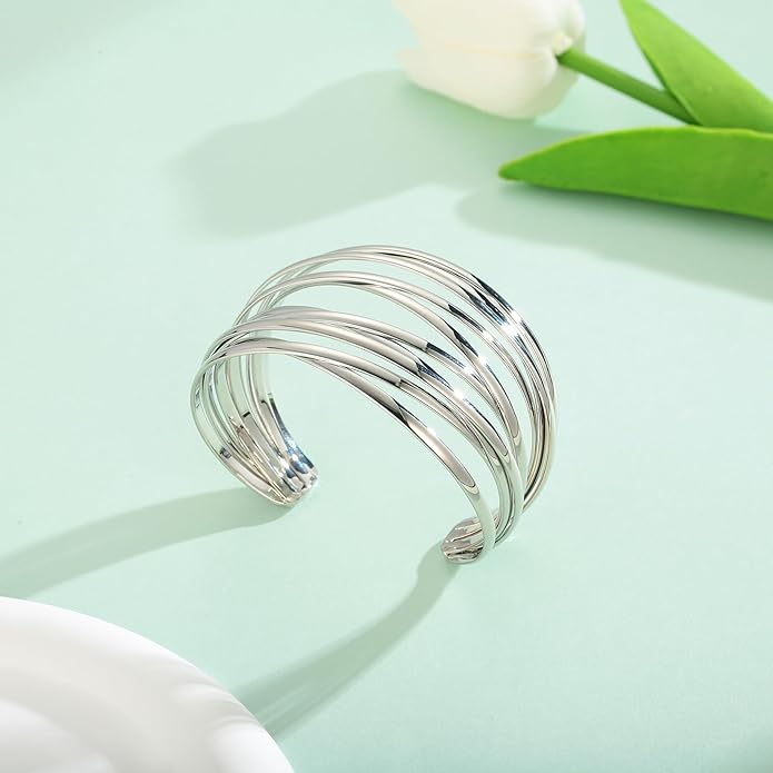 Gold Cuff Bracelet for Women Chunky Multi-layer Cross Wire Open Bracelet Hollow Wide Cuff Bracelets Adjustable Gold Open Cuff Bangle Bracelet
