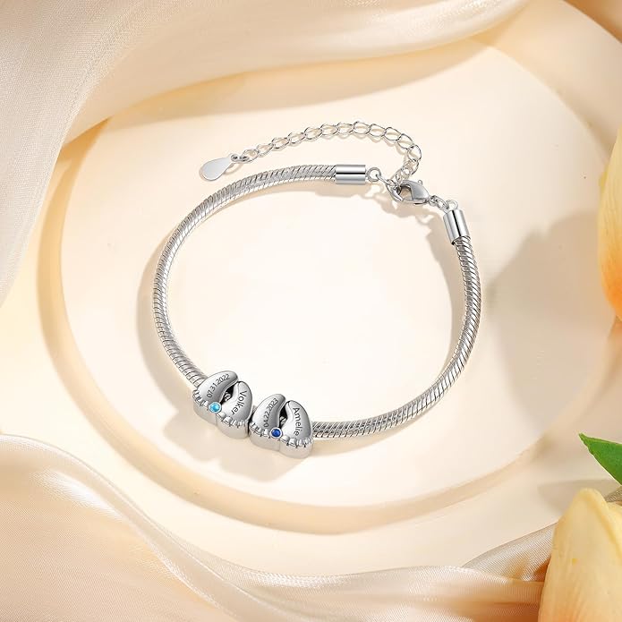 Jeweidea Personalized Foot Charm Birthstone Bracelet – Custom Engraved Bracelet with 1–5 Foot Charms, Name and Date Engraving, Meaningful Jewelry Gift for Mom Wife