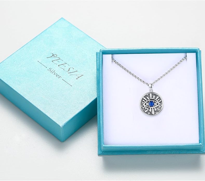 Evil Eye Necklace for Women 925 Sterling Silver, Protection Necklace with Blue Evil Eye Charm, Evil Eye/Lotus Pendant Jewelry, Birthday Christmas Gifts for Her