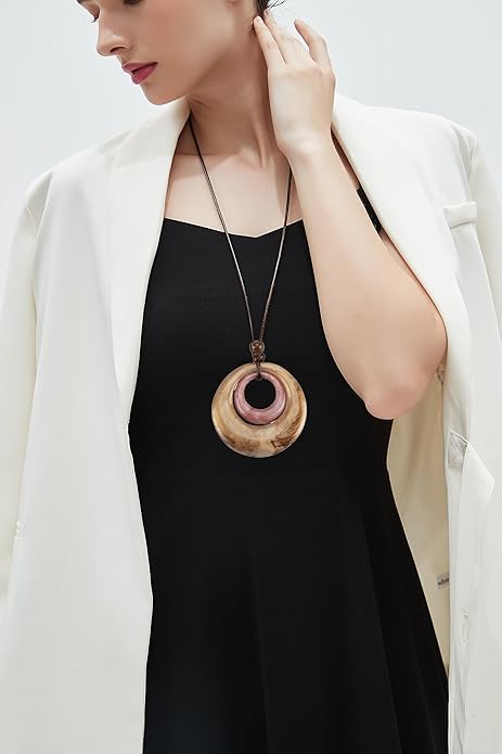 Long Boho Necklaces for Women Vintage Leather Wooden Pendant Y Choker Ethnic Style Gold Circle Hippie Sweater Necklace