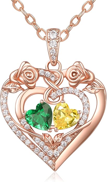 JIYVY32 Rose Heart Necklace for Women Exquisite 925 Sterling Silver Anniversary Birthday Gifts for Wife Mom Her Double Birthstone Pendant Jewelry