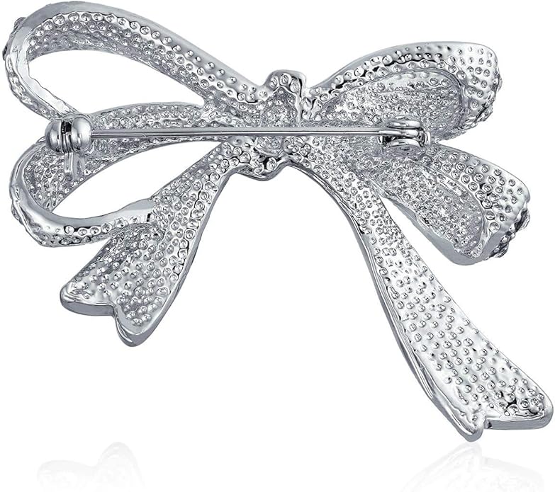 Winter Holiday Blue White Glittering Crystal Bridal Fashion Large Statement Ribbon Scarf Bow Brooch Pin For Women Rose Gold or Silver Plated
