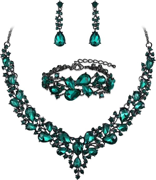 BriLove Wedding Bridal Jewelery for Women Austrian Crystal Teardrop Cluster Statement Necklace Dangle Earrings Link Bracelet Set